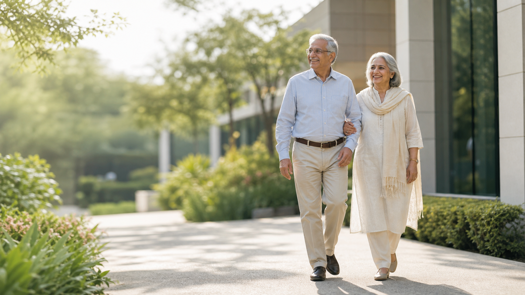 Senior Indian couple walking confidently after hip pain relief